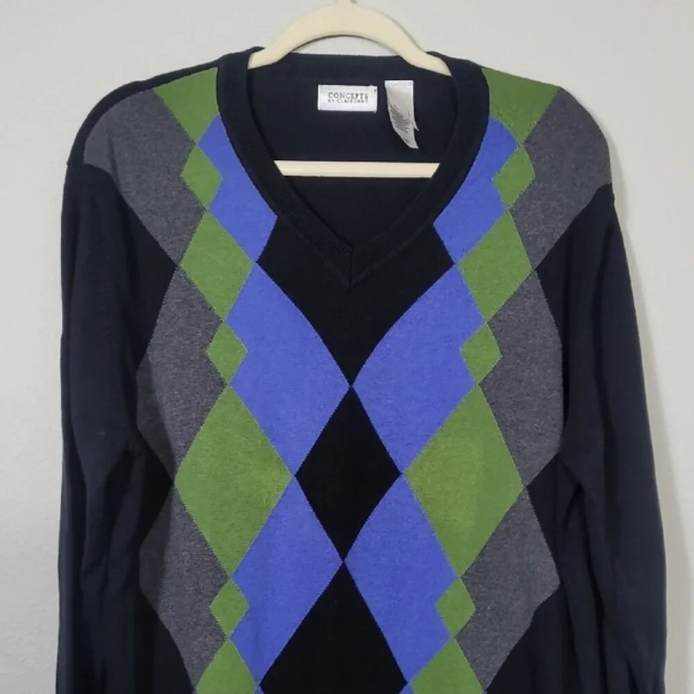 Vintage Mens Argle Crewneck Sweater Size L Cotton Blue Green Preppy Academia Y2K